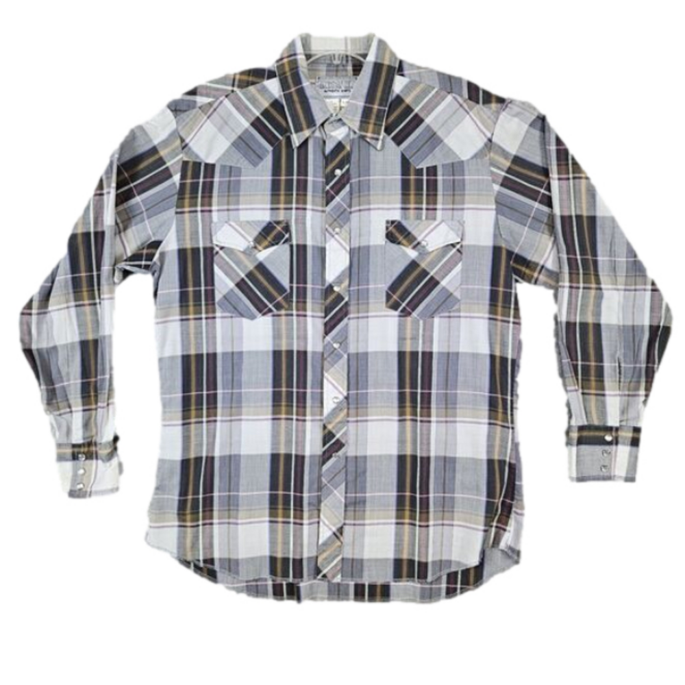 American Hero Brown & Gray Plaid Pearl Snap Size Large Long Sleeve Western Shirt